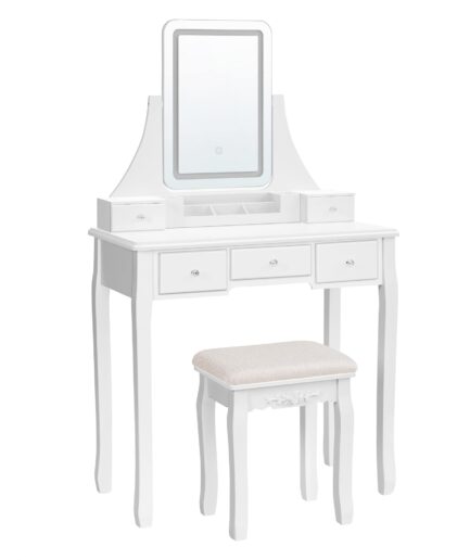 Sminkebord Klassisk Design Med Spejl Lys Taburet Hvid  7428472662442