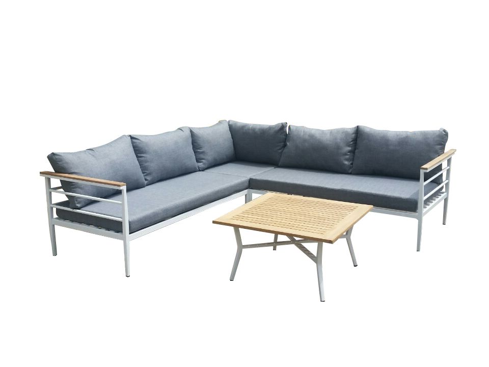 Venture Design Mexico Hjørne Havesofa Sofabord Hynder Grå Polyester Hvid Aluminium Natur Teaktræ  7350107081932