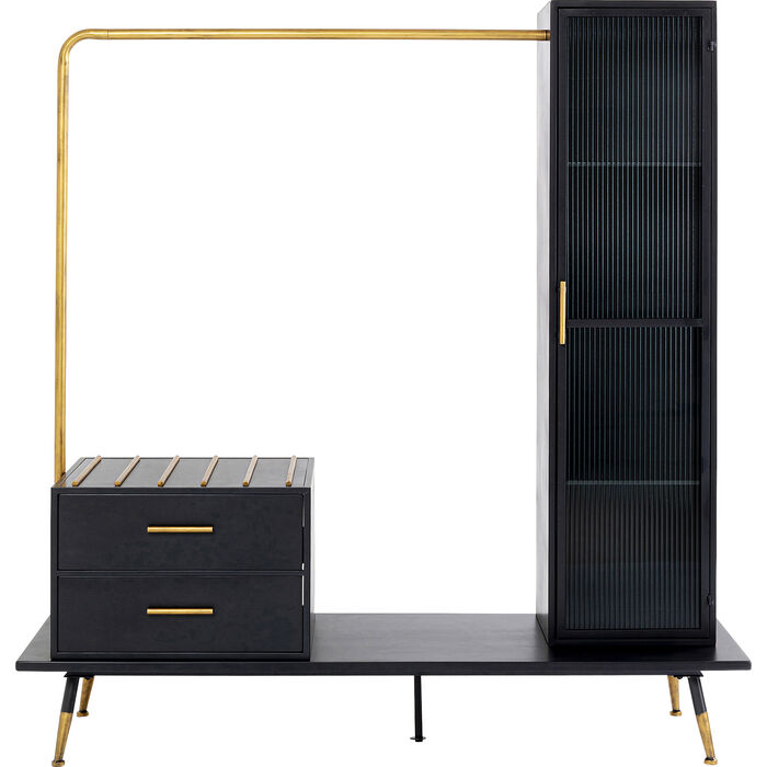Kare Design Gomera Garderobeskab Låge Skuffer Klar Glas Sort Mdf Messing Sort Stål  4025621864714