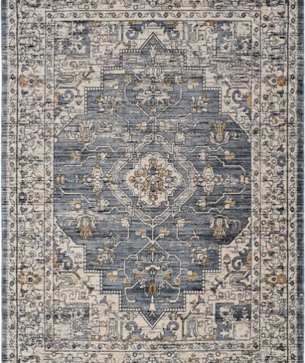 Gulvtæppe Loomery Troye Blå Med Medallion Design Gyldne Accenter Slidstærk Polyester 200290  7904521002006