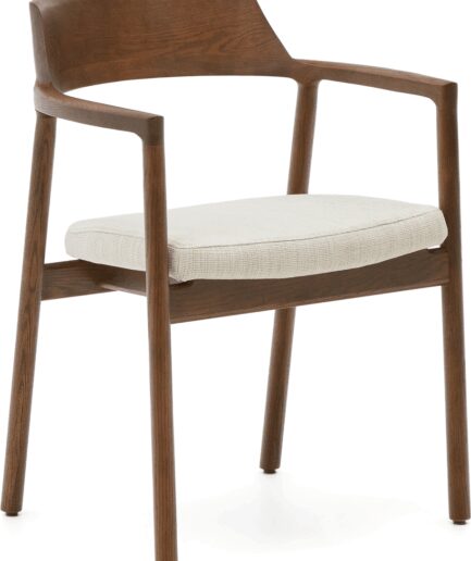 Spisebordsstol Med Armlæn Kave Home Alocs Nordisk Design Massivt Egetræ Valnøddefinish Med Beige Chenillebetræk  8433840894256